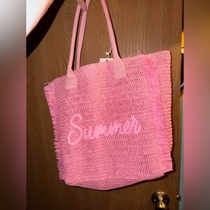 Pink "Summer" Crochet Straw Canvas - Styline Beach Bag